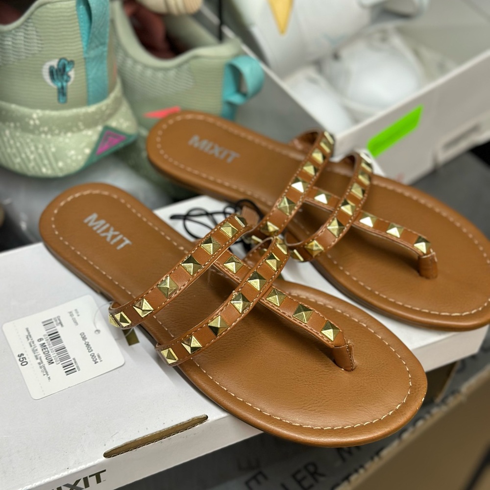 Mixit Tan Sandals with Gold Accents